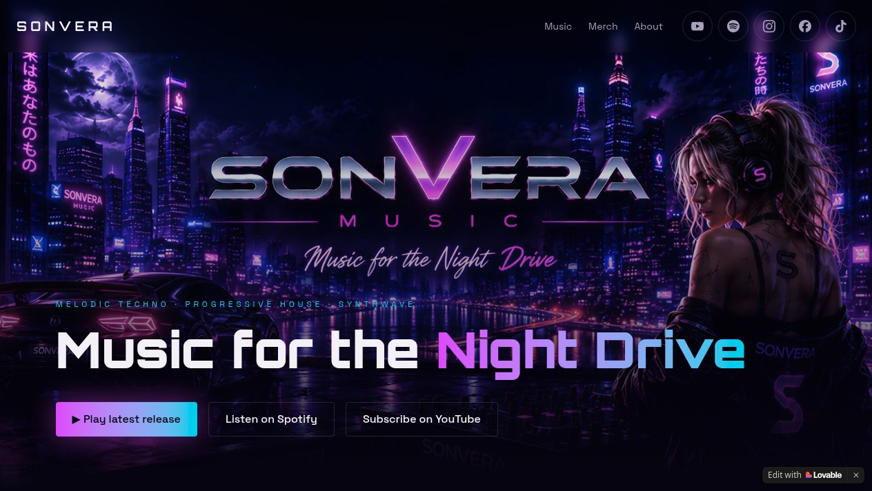 Homepage of the Sonvera Music website