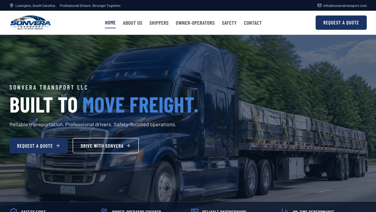 Homepage of the Sonvera Transport website